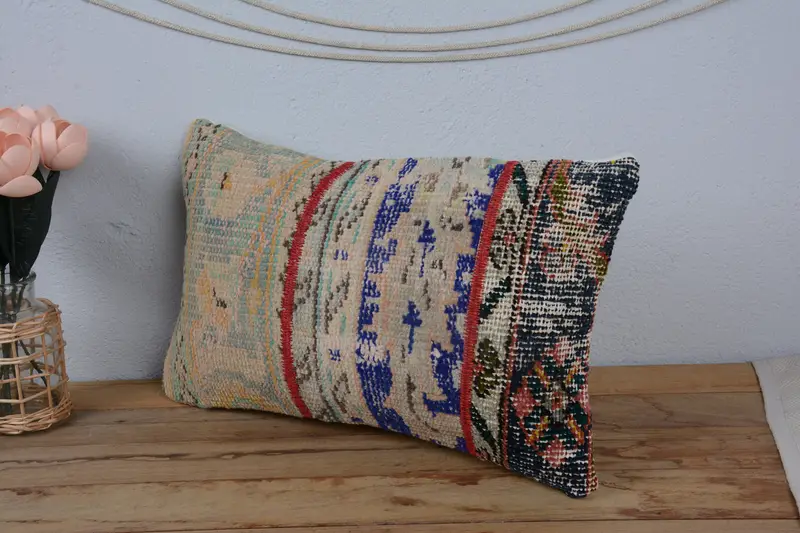 Pastel Pillow Sham, Cushion, 12x20 Beige Cushion Cover, Pillow for Sofa, Handmade Kilim Cushion, Vintage Kilim Pillow Pillow Sham, Vintage Pillow - 4