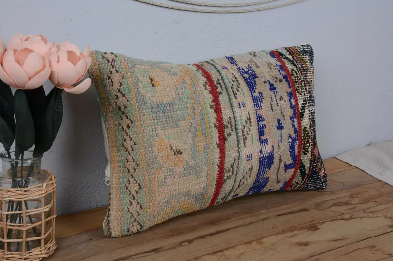 Pastel Pillow Sham, Cushion, 12x20 Beige Cushion Cover, Pillow for Sofa, Handmade Kilim Cushion, Vintage Kilim Pillow Pillow Sham, Vintage Pillow - 1