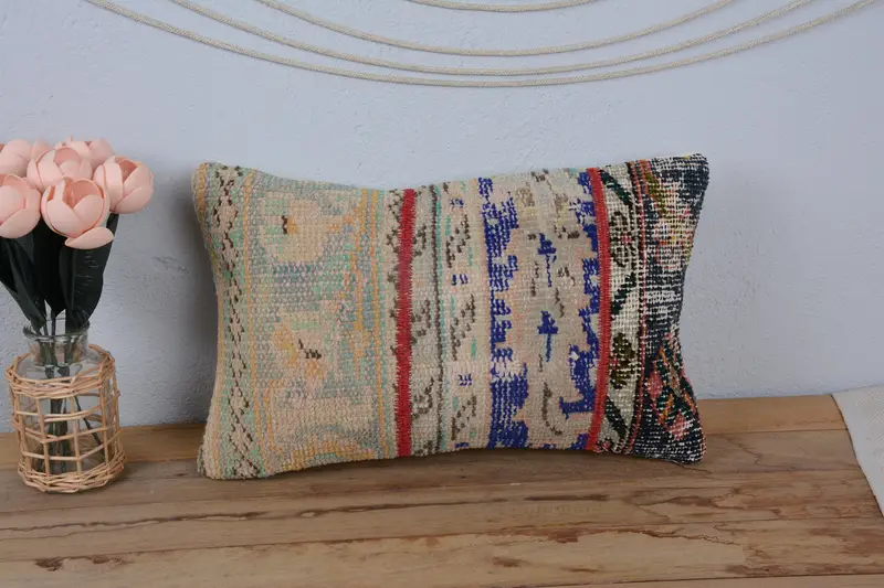 Pastel Pillow Sham, Cushion, 12x20 Beige Cushion Cover, Pillow for Sofa, Handmade Kilim Cushion, Vintage Kilim Pillow Pillow Sham, Vintage Pillow - 2