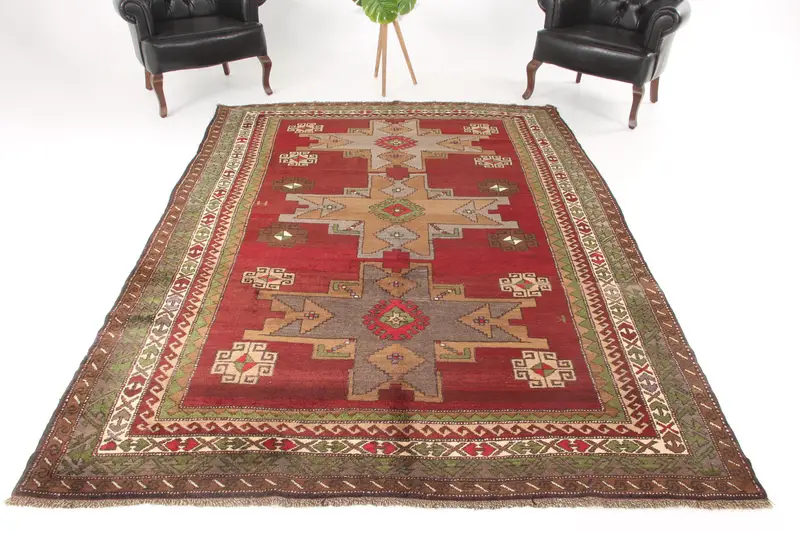 Vintage Büyük Halı 6.4x9.1 ft, Türk Oushak Kırmızı Patchwork Yün Halı - 1