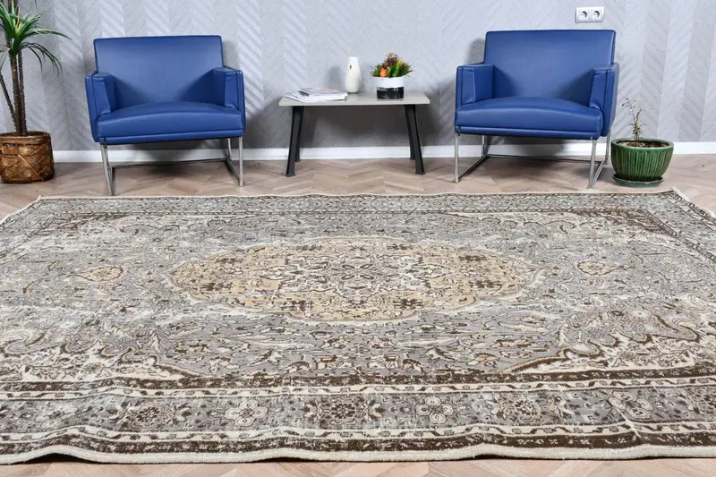 Türk Vintage Büyük Boy Halı 7x10.1 ft, Oushak Gri Yün Halı - 1