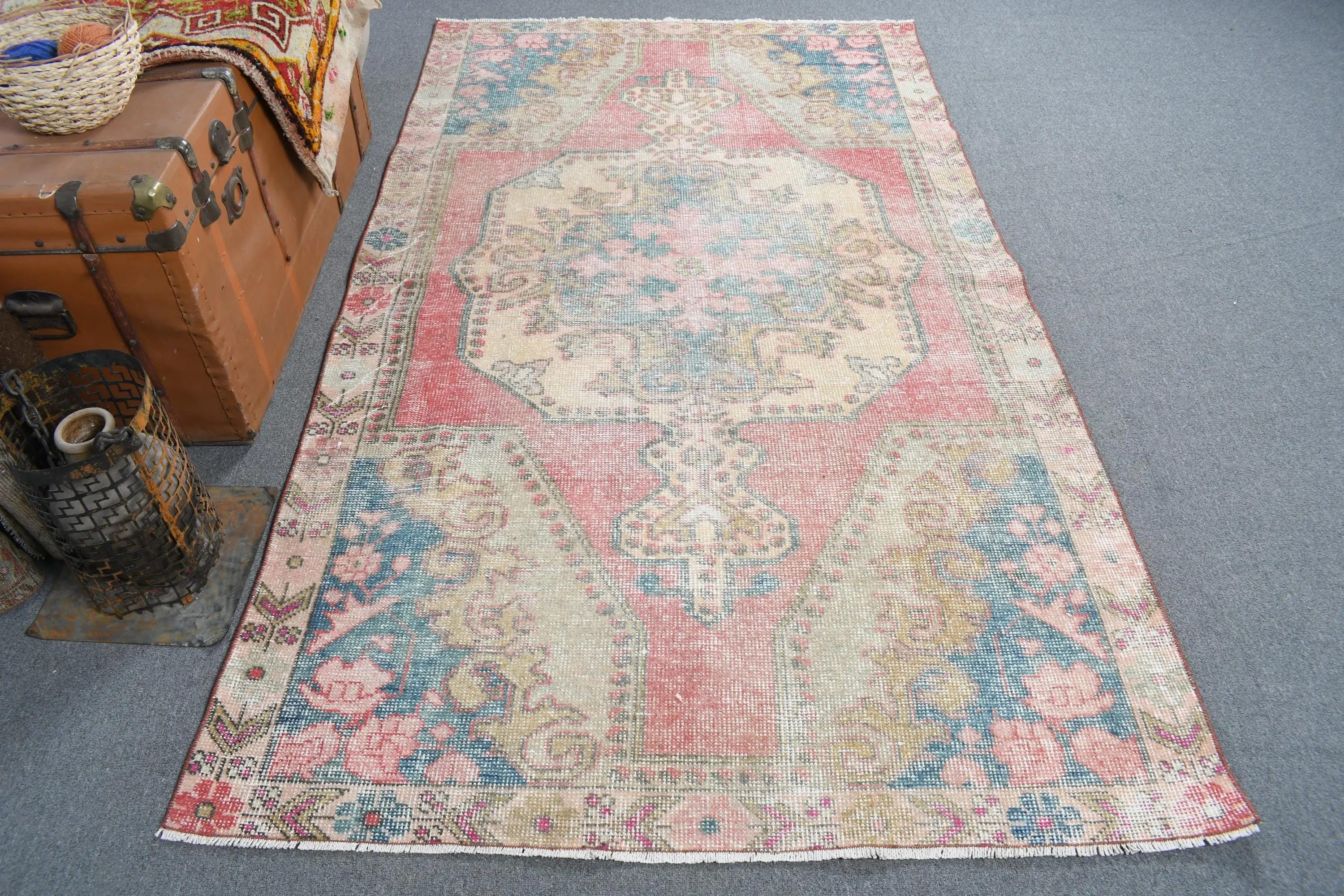4.4x7.4 ft Turkish Vintage Rug, Area Rug, Red Blue Animal Print Wool Rug - 1