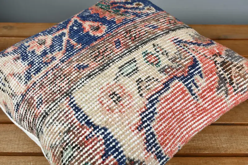 Retro Cushion Case, 14x14 Blue Cushion Cover, Vintage Pillow, Rustic Pillow, Boho Pillow Sham Cover, Antique Pillows, Cushion Case - 3