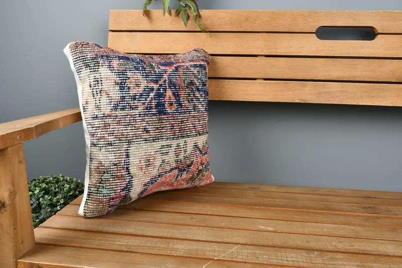 Retro Cushion Case, 14x14 Blue Cushion Cover, Vintage Pillow, Rustic Pillow, Boho Pillow Sham Cover, Antique Pillows, Cushion Case - 1