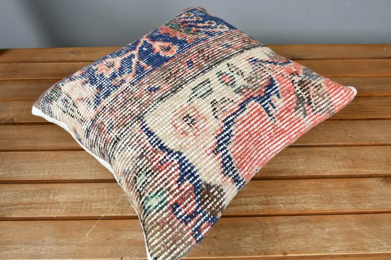 Retro Cushion Case, 14x14 Blue Cushion Cover, Vintage Pillow, Rustic Pillow, Boho Pillow Sham Cover, Antique Pillows, Cushion Case - 2