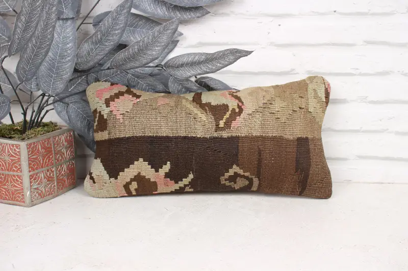 Vintage Kilim Pillow, Cozy Throw Cushion, Vintage Kilim Throw Pillow, Cushion Cover, 8x16 Brown Cushion Case, Kilim Cushion Sham - 1