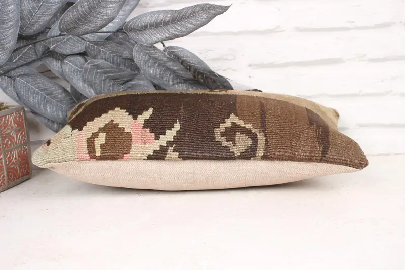 Vintage Kilim Pillow, Cozy Throw Cushion, Vintage Kilim Throw Pillow, Cushion Cover, 8x16 Brown Cushion Case, Kilim Cushion Sham - 5
