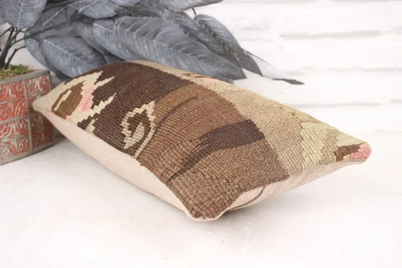 Vintage Kilim Pillow, Cozy Throw Cushion, Vintage Kilim Throw Pillow, Cushion Cover, 8x16 Brown Cushion Case, Kilim Cushion Sham - 6