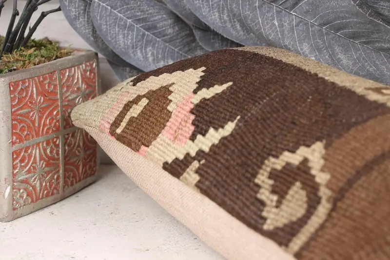 Vintage Kilim Pillow, Cozy Throw Cushion, Vintage Kilim Throw Pillow, Cushion Cover, 8x16 Brown Cushion Case, Kilim Cushion Sham - 7