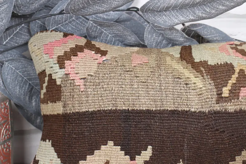 Vintage Kilim Pillow, Cozy Throw Cushion, Vintage Kilim Throw Pillow, Cushion Cover, 8x16 Brown Cushion Case, Kilim Cushion Sham - 2