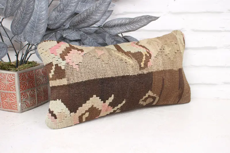 Vintage Kilim Pillow, Cozy Throw Cushion, Vintage Kilim Throw Pillow, Cushion Cover, 8x16 Brown Cushion Case, Kilim Cushion Sham - 3