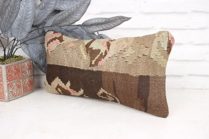 Vintage Kilim Pillow, Cozy Throw Cushion, Vintage Kilim Throw Pillow, Cushion Cover, 8x16 Brown Cushion Case, Kilim Cushion Sham - 4