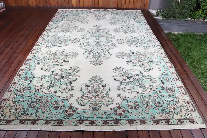 6.4x10.4 ft Halı, Büyük Türk Halısı, Mavi Oushak Kamuflaj Halı - 1