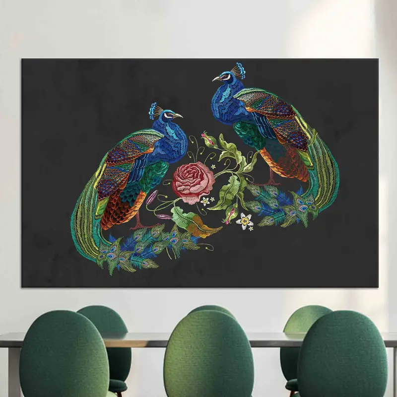 ヴィンテージピーコック刺繍: エレガントな装飾用のプリントキャンバスアート