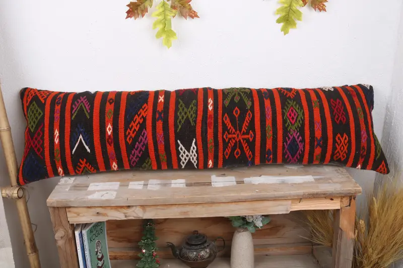 Kilim Cushion Sham, 12x43 Red Pillow Cover, Turkish Kilim Pillow, Pillow Sham, Handmade Kilim Cushion, Retro Pillow Sham, Lounge Throw Cushion Cover - 2