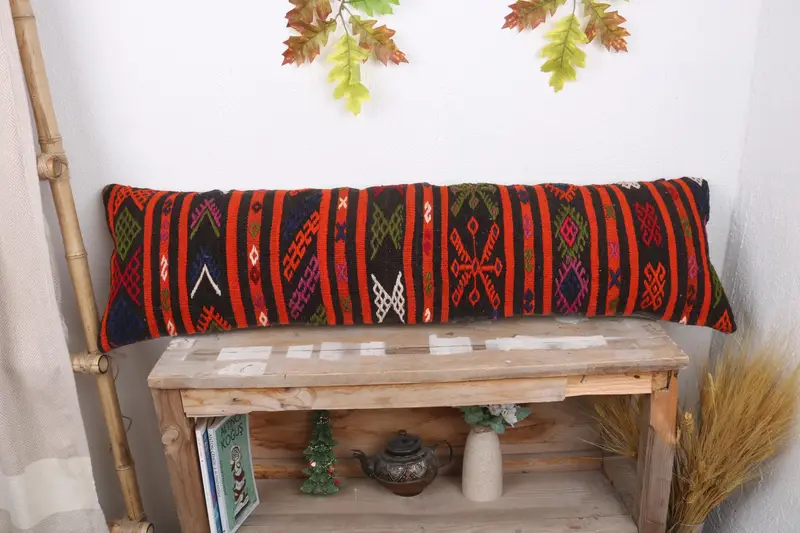 Kilim Cushion Sham, 12x43 Red Pillow Cover, Turkish Kilim Pillow, Pillow Sham, Handmade Kilim Cushion, Retro Pillow Sham, Lounge Throw Cushion Cover - 1
