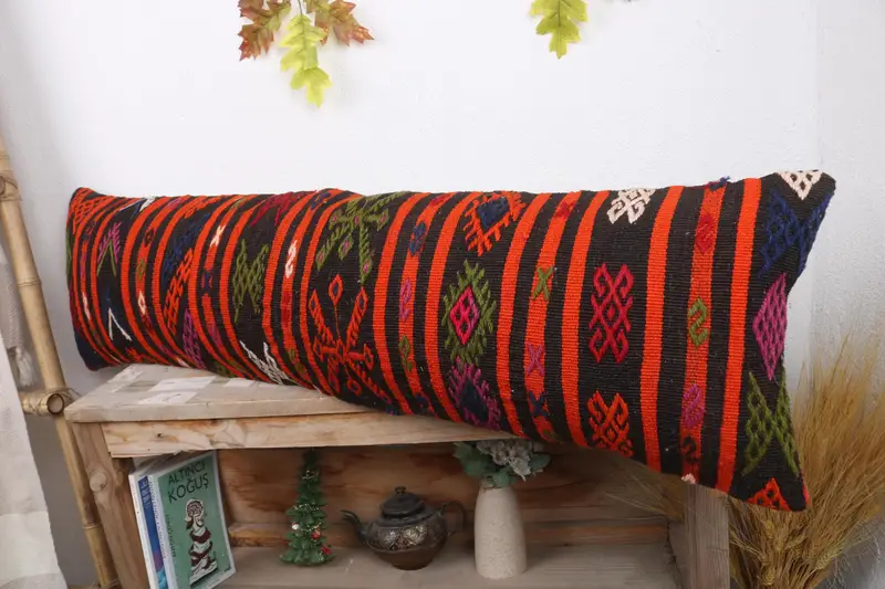 Kilim Cushion Sham, 12x43 Red Pillow Cover, Turkish Kilim Pillow, Pillow Sham, Handmade Kilim Cushion, Retro Pillow Sham, Lounge Throw Cushion Cover - 4