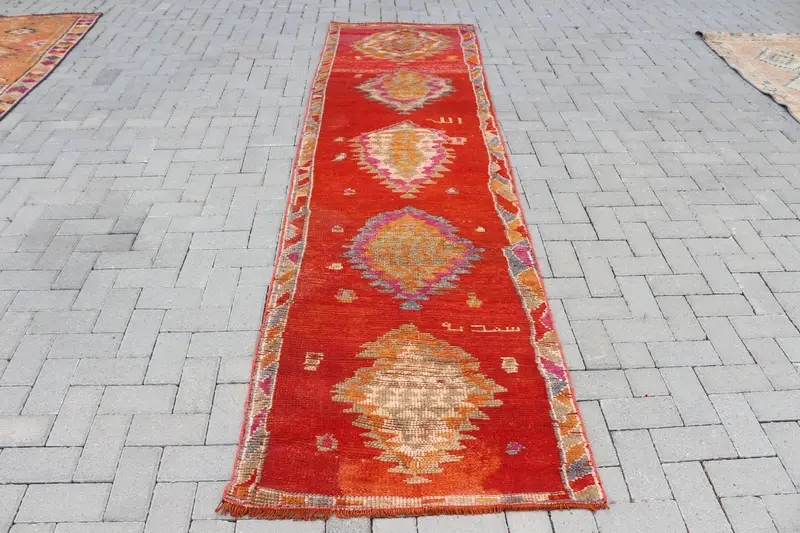 Vintage türkischer Herki-Teppich 2,8x10,6 Fuß, roter Läufer-Wollteppich - 1