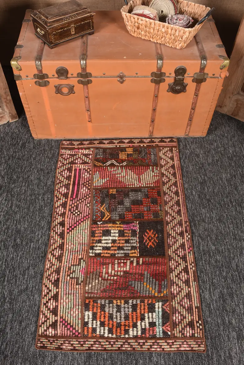 2.2x3.5 ft Vintage Halı, Patchwork Halı, Kahverengi Patchwork Halı Yün - 1