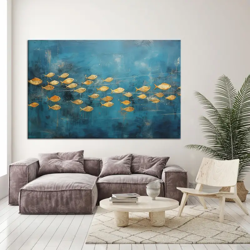 モダンなブルー&ゴールドフィッシュキャンバスプリント - エレガントなウォールアート