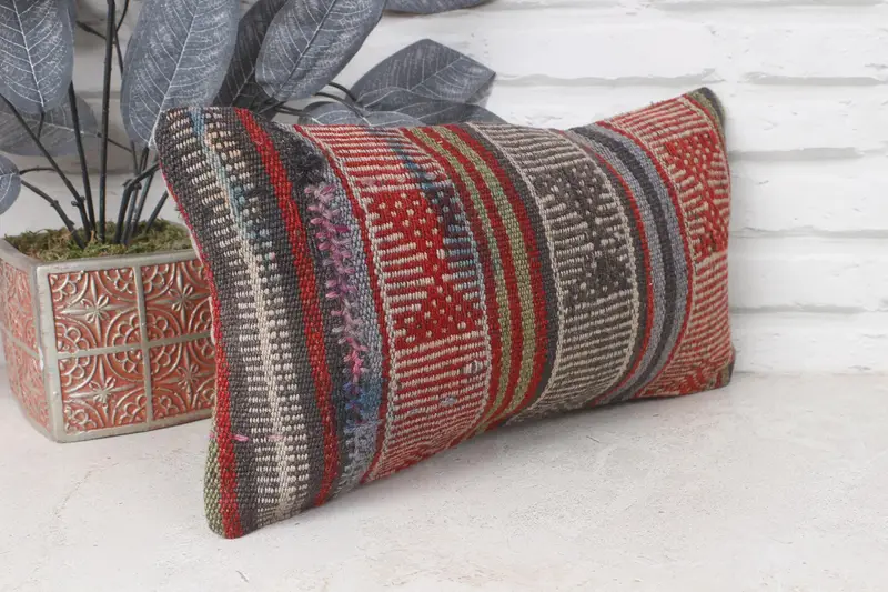 Pillow Sham, Boho Pillow, Lounge Throw Cushion Cover, Kilim Cushion Sham, 8x16 Red Pillow, Vintage Pillow, Neutral Pillow Sham - 4