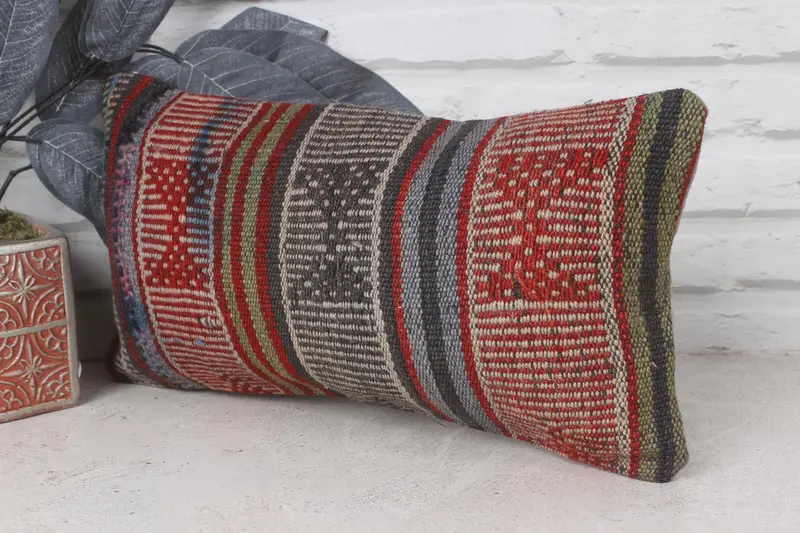 Pillow Sham, Boho Pillow, Lounge Throw Cushion Cover, Kilim Cushion Sham, 8x16 Red Pillow, Vintage Pillow, Neutral Pillow Sham - 3