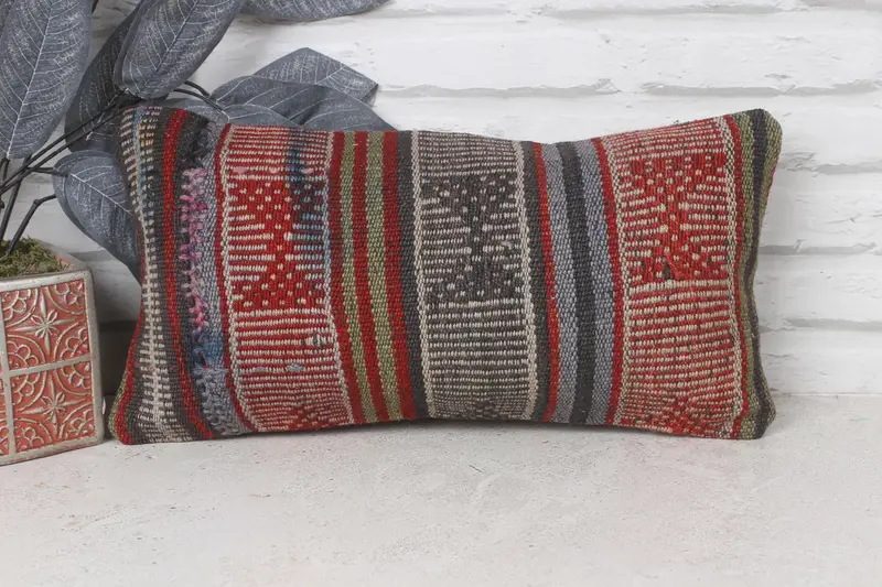 Pillow Sham, Boho Pillow, Lounge Throw Cushion Cover, Kilim Cushion Sham, 8x16 Red Pillow, Vintage Pillow, Neutral Pillow Sham - 1