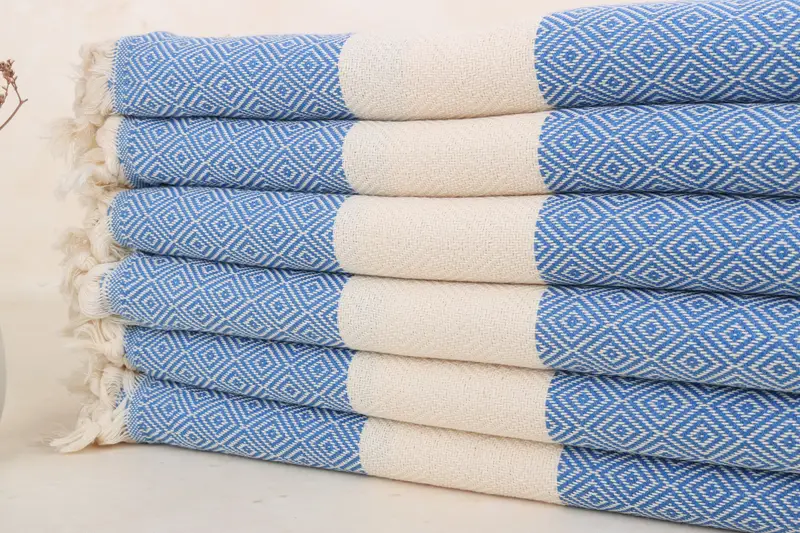 Benutzerdefiniertes Strandtuch aus türkischer Baumwolle, Parlamentsblau mit Beige, 40 x 71 Zoll
