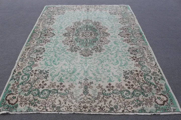 Türkischer Teppich, großer 6x8,5 Fuß Teppich, grün gestreifter Teppich - 1