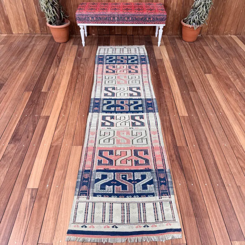 2.3x8.8 ft Turkish Vintage Rug, Runner Rug, Blue Oushak Bordered Rug - 1