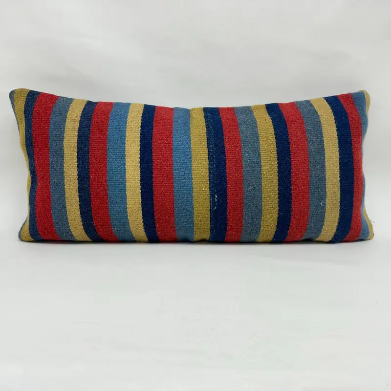 Rot & Bronze gestreiftes Kissen, handgemachtes Kissen aus Leinen und Wolle