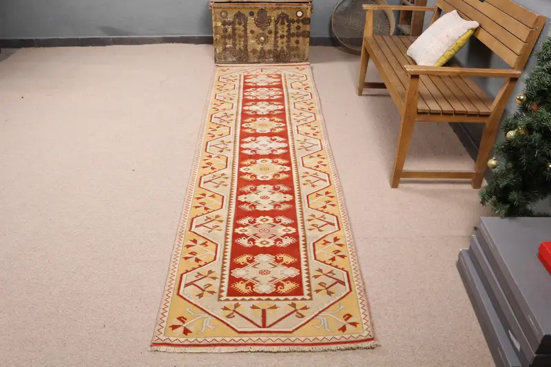 Canlı Sarı ve Kırmızı Halı, 2,6x9,1 ft Patchwork Tasarım