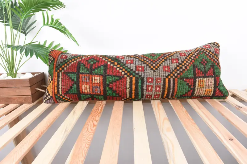Colorful Cushion Cover, 12x36 Red Pillow, Bohemian Cushion Pillow, Pillow for Couch, Boho Pillow, Kilim Cushion Sham, Pillow - 1