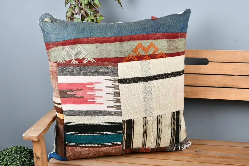 Ethnical Kilim Rug Pillow, Cushion, Vintage Kilim Throw Pillow, Vintage Pillow, Indoor Pillow Cover, 28x28 Beige Cushion Cover - 1