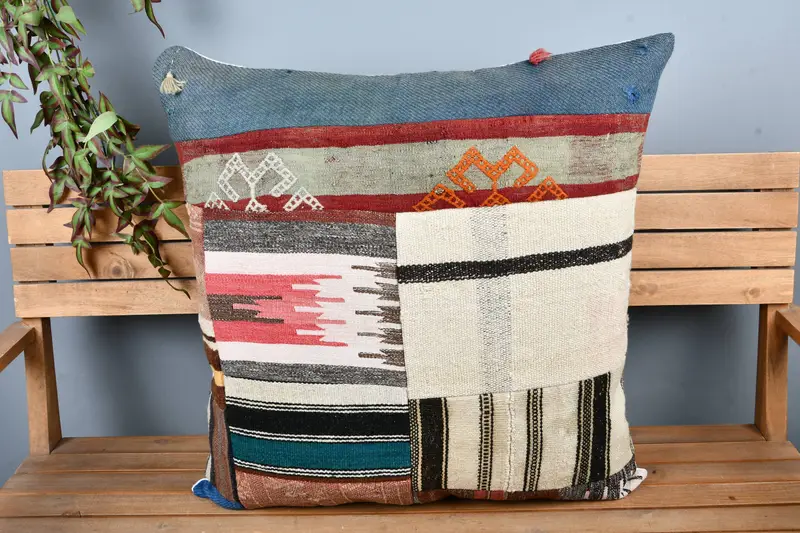 Ethnical Kilim Rug Pillow, Cushion, Vintage Kilim Throw Pillow, Vintage Pillow, Indoor Pillow Cover, 28x28 Beige Cushion Cover - 6
