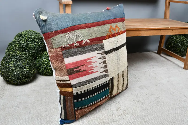 Ethnical Kilim Rug Pillow, Cushion, Vintage Kilim Throw Pillow, Vintage Pillow, Indoor Pillow Cover, 28x28 Beige Cushion Cover - 7