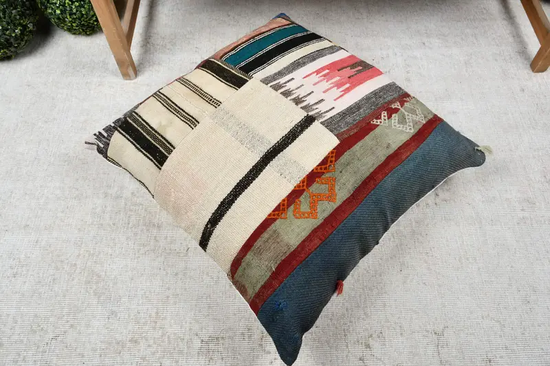 Ethnical Kilim Rug Pillow, Cushion, Vintage Kilim Throw Pillow, Vintage Pillow, Indoor Pillow Cover, 28x28 Beige Cushion Cover - 8