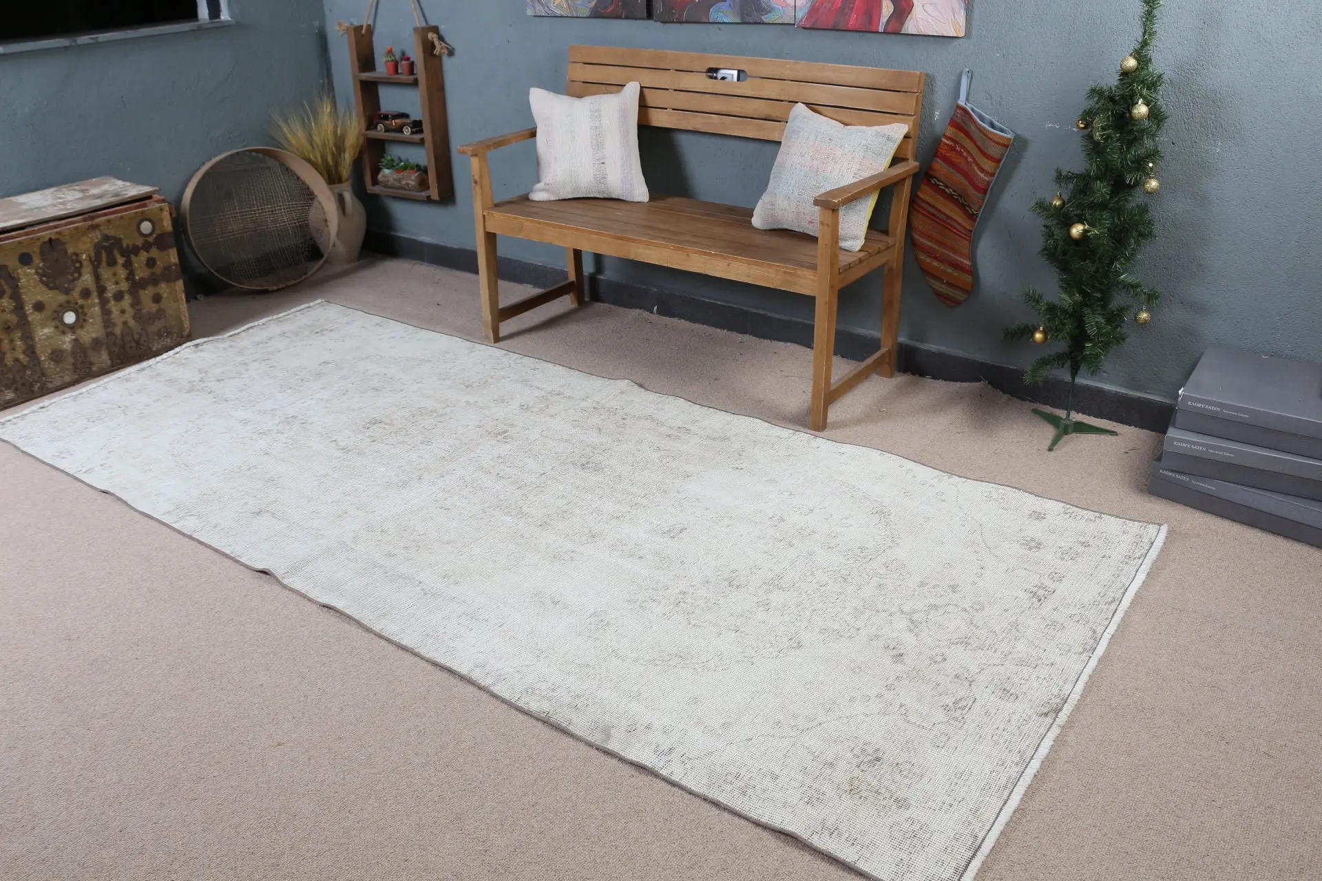 4.2x9.5 ft Area Vintage Turkish Rug, White Ombré Wool Rug - 1