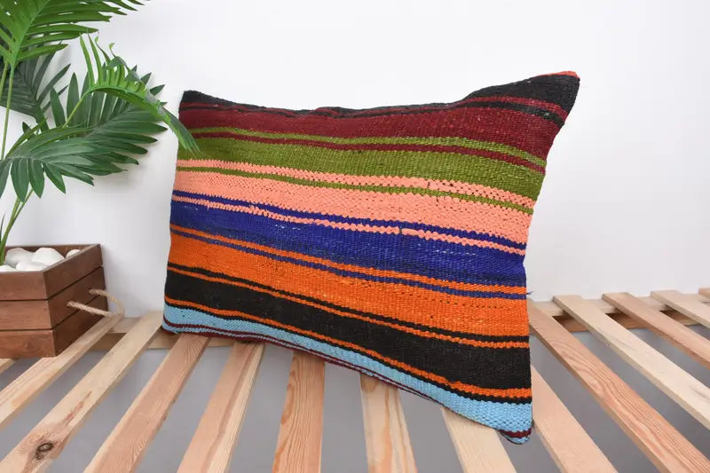 Ethnical Kilim Rug Pillow, Kilim Pillow Cover, Gift Pillow, Cushion Cover, 16x24 Blue Pillow Cover, Colorful Cushion Cover, Yoga Pillow Cover - 5