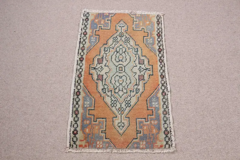 Handmade Beige Rug, 1,6x2,5 ft with Orange Accents
