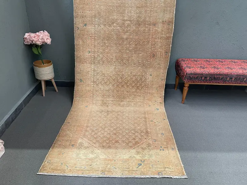 3,6 x 9,6 Fuß großer türkischer Läuferteppich, braun-blauer Vintage-Wollteppich mit Punkten - 1