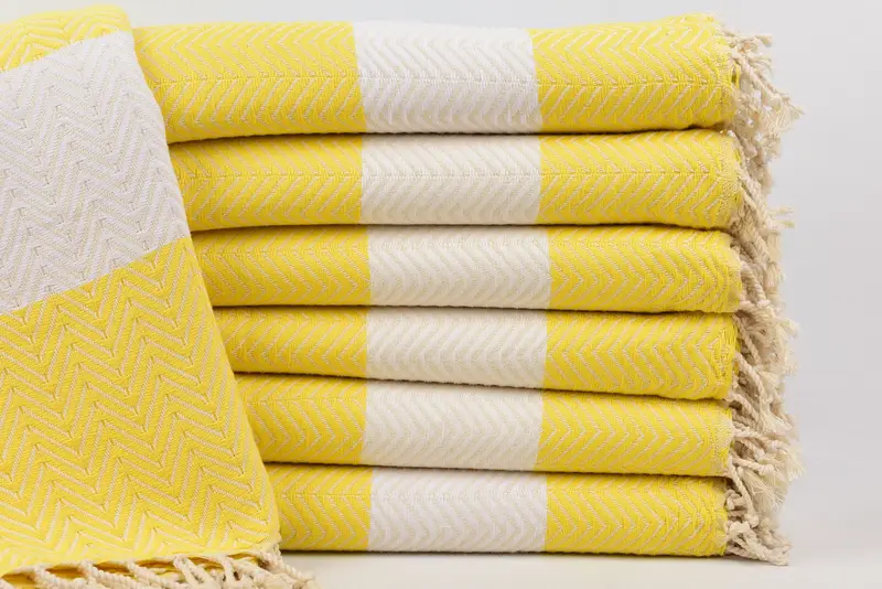 Personalized Turkish Cotton Beach Towel, Yellow-White Zig Zag, 70x40 Inches