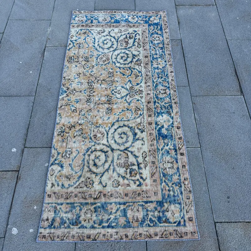 2.2x5.1 ft Oushak Vintage Rug, Blue Floral Turkish Rug Wool - 1