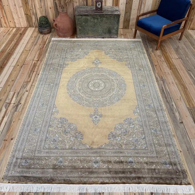 Oushak-Teppich, 6,3 x 9,9 Fuß Vintage-Teppich, braun umrandeter Teppich aus Seide - 1