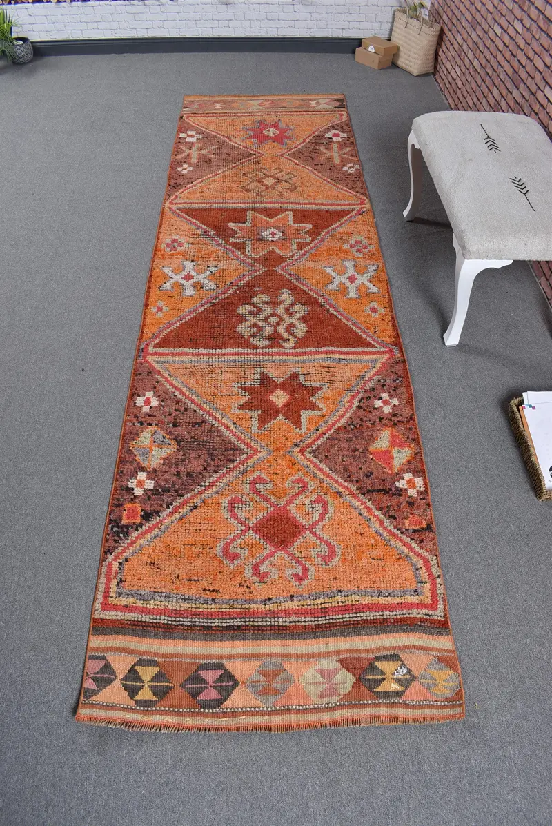 3x11.1 ft Vintage Turkish Rug, Runner Rug, Orange Brown Camouflage Wool Rug - 1