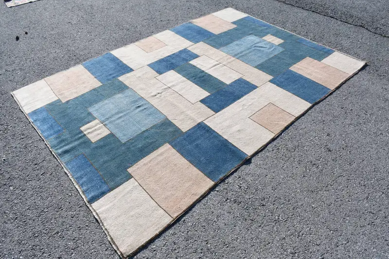 Türk Vintage Halısı, 6x8.8 ft Büyük Halı, Mavi Beyaz Çiçekli Yün Halı - 1