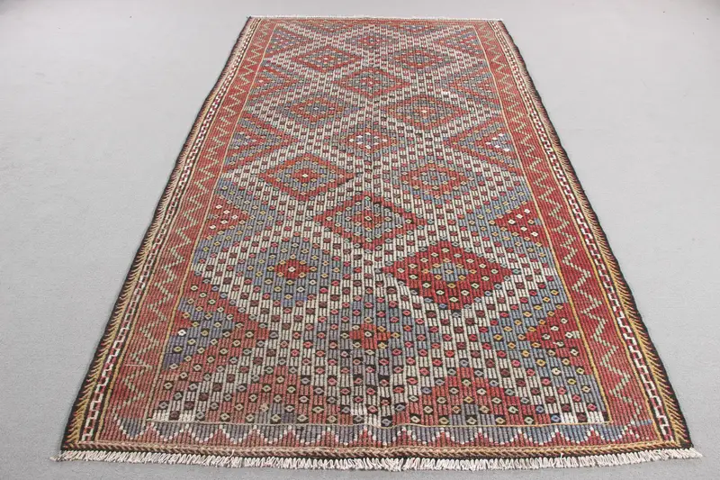 Kırmızı & Bej Halı, Geometrik Çiçek Motifli 5x9,2 ft