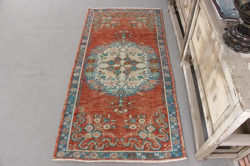 Handmade Red Oriental Rug, 2.2x4.3 ft with Blue Accents
