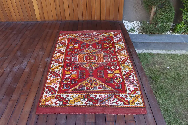 Türk Vintage Halısı 3.7x5.9 ft, Kırmızı Oushak Halısı - 1
