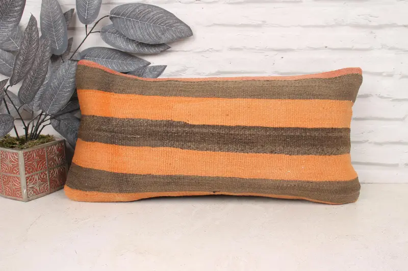Pillow for Sofa, Vintage Pillow, Handwoven Pillow Cover Pillow Case, Boho Pillow Sham Cover, Cushion, 12x24 Orange Pillow Cover - 1